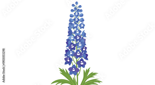 A stunning illustrative depiction of a tall, slender blue bloom featuring numerous vibrant petals and lush green leaves, rendered with artistic