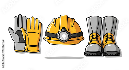 Mining safety gear including gloves helmet with light and boots on white background for industrial use