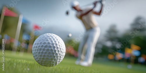 The golf ball in sharp focus with golfer swinging on blurred green background