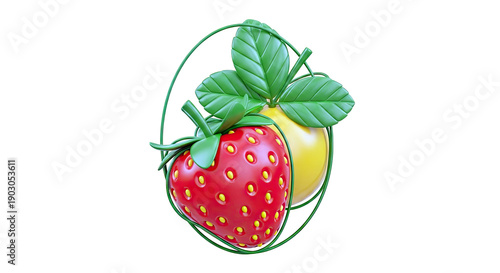 3D Rendering of Strawberry and Lemon with Green Vine