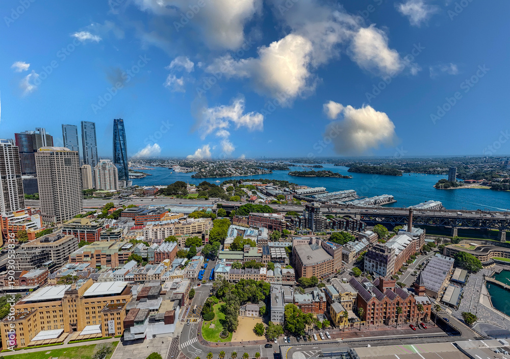 Obraz premium 5 February 2026 Aerial View of Sydney Harbour Circular Quay cruise Liner on a nice Summer day beautiful Sky in Sydney NSW Australia