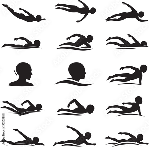 set of black silhouette swimming people  various styles and positions