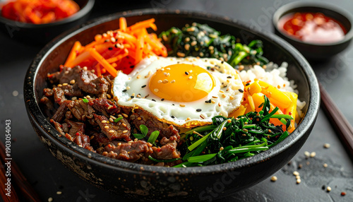 Korean bibimbap bowl with beef, vegetables, rice and sunny side up egg, traditional Asian comfort food.