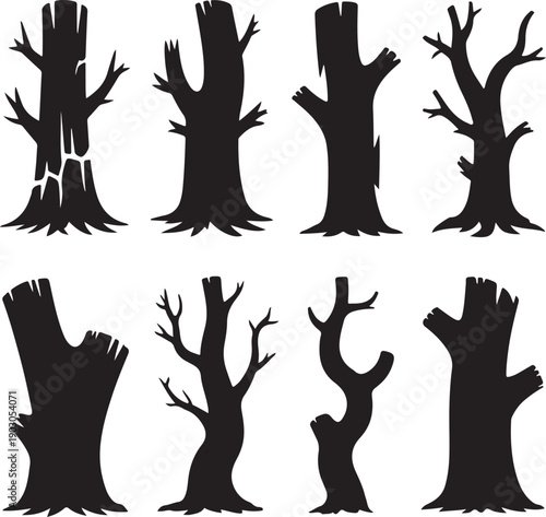 set of black silhouettes of tree stumps and trunks without leaves on white background