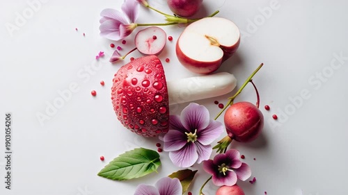 Vibrant red mushroom with flowers and radishes on white background