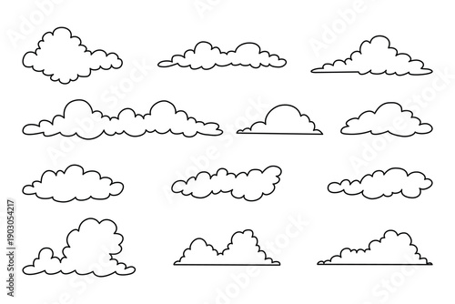 Collection of hand drawn cloud outline illustrations, sky and weather doodle style vector set.