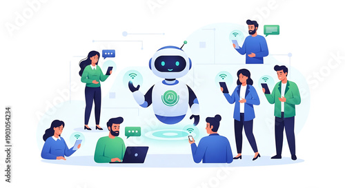 People interacting with robot chatting working technology communication concept teamwork collaboration innovation digital futuristic ai chatbot human machine interface modern