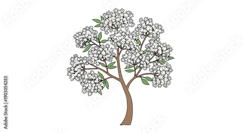 White flowering tree illustration with green leaves a symbol of springtime and natural beauty an elegant design element for various projects in a
