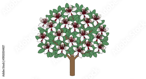 A beautifully rendered digital illustration of a vibrant flowering tree showcasing delicate white petals and lush green foliage, perfect for