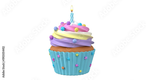 Birthday Cupcake with Swirled Frosting and Candle