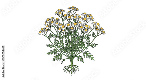 Detailed Botanical Illustration of a Flowering Herb with Delicate White Petals and Intricate Foliage and Roots