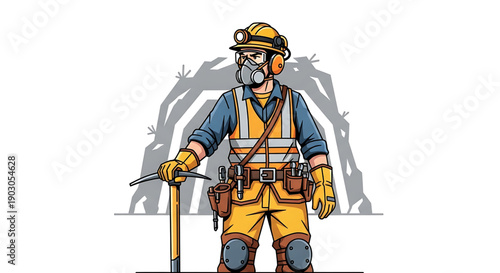 Miner standing confidently with pickaxe in hand wearing safety gear and hard hat in front of mine tunnel entrance