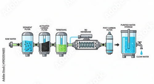 Water purification process diagram showing filtration stages for clean drinking water