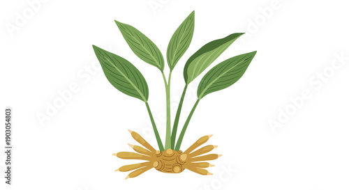 Detailed botanical illustration of a fresh rhizome plant with vibrant green leaves showcasing its healthy root structure