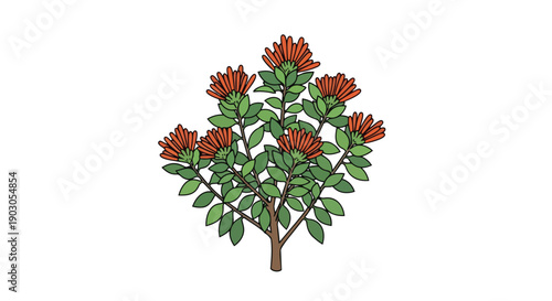 Stylized image of a vibrant plant with orange-red blossoms and green foliage