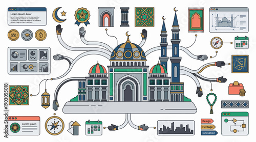 Mosque infographic with data and technology icons Vector