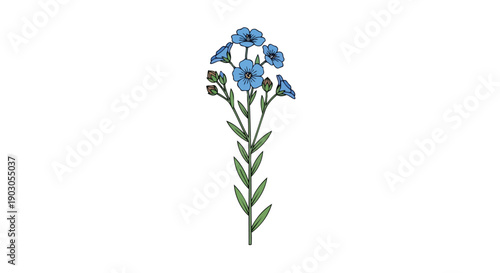 A simple elegant illustration of blue flax flowers and green leaves on a white background, perfect for designs requiring natural beauty and