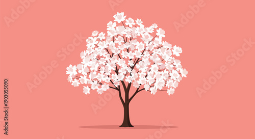 Elegant white blossoms adorn a graceful tree against a soft coral backdrop, symbolizing natural beauty and springtime renewal
