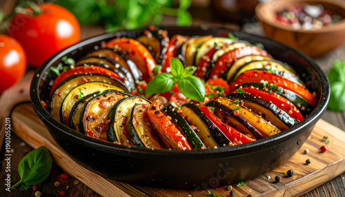 Colorful baked ratatouille with zucchini, eggplant and tomatoes in a pan, healthy Mediterranean vegetable dish.