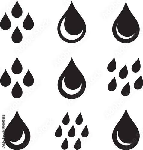 set of black water drop icons on white background