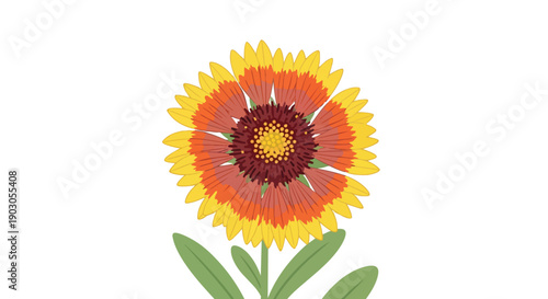 Vibrant yellow and orange flower illustration with green leaves on a pristine white background showcasing botanical beauty and flat design artistry