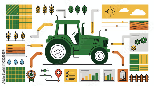 Smart farming infographic with tractor and data elements Vector