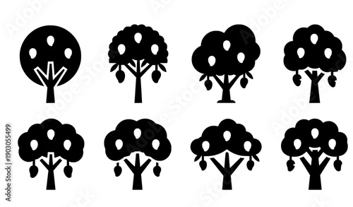 Isolated mango tree silhouette icon set in solid black vector style for tropical orchard nature and botanical symbol design
