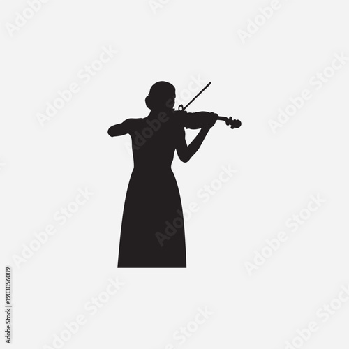 A silhouette of a woman playing a violin and bow as an artistic music illustration isolated on black