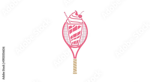 Pink Tennis Racket with Milkshake and Cherry on White Background.