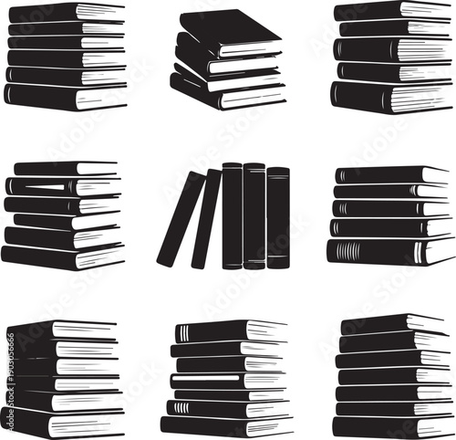 stacks of books in various arrangements