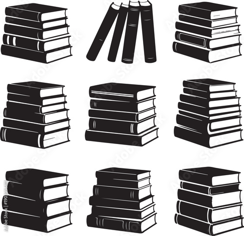 stacks of books in various arrangements