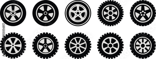 Collection of car wheel and tire icons diverse rim designs in flat vector style for automotive industry and transport concepts isolated on white