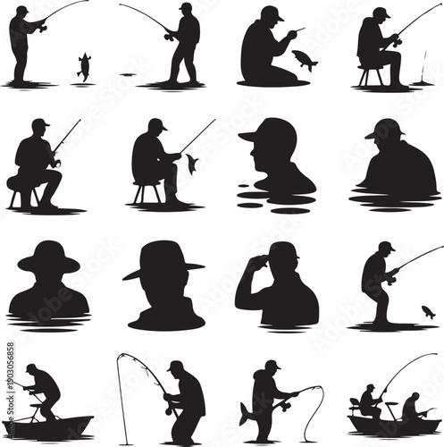 Silhouettes of people fishing in various poses on white background