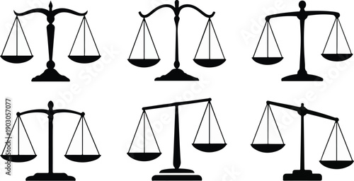 Collection of balance scale icons representing justice and law perfect for legal concepts and business solutions isolated on white