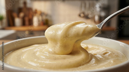 A rich, creamy vanilla dessert being scooped from a bowl with a spoon, showcasing a smooth, indulgent texture