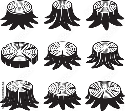 Tree stumps in various cut styles and angles on white background