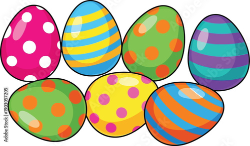 A vibrant collection of seven brightly colored cartoon easter eggs featuring various fun patterns like polka dots and bold stripes ready for celebration.