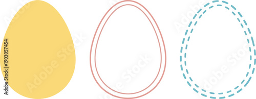 Simple graphic design elements featuring three stylized egg shapes including a solid yellow form a double outlined pink shape and a dashed blue border
