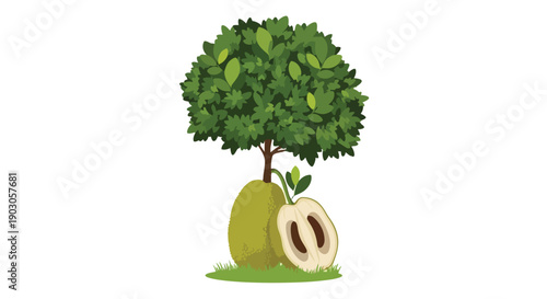 Vibrant illustration of a flourishing tropical tree showcasing ripe whole and halved soursop fruits