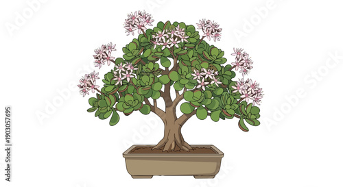 Vibrant stylized illustration of blooming jade plant bonsai with lush green leaves delicate pink flowers in brown pot conveying natural elegance