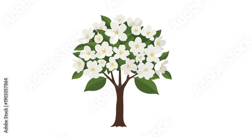 Vibrant illustration of a blooming tree adorned with delicate white flowers and lush green foliage on a pristine background, symbolizing serenity