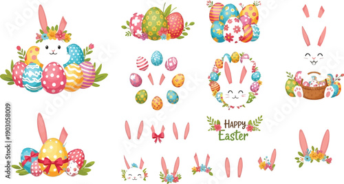 Collection of charming illustrated white easter bunny characters delightful decorated eggs and various bunny ear accessories for spring holiday designs