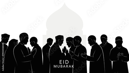 A powerful silhouette composition featuring a crowd gathered near a mosque dome, capturing the sacred atmosphere of Eid prayers. The architectural reference strengthens the religious identity of the d