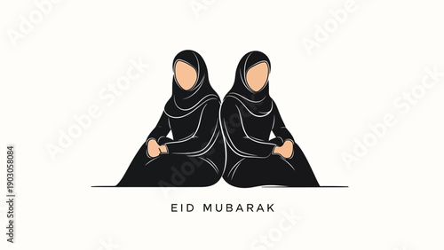 A heartwarming illustration of two Muslim women embracing, capturing the spirit of forgiveness, love, and reunion that defines Eid celebrations. Their traditional attire reinforces authenticity while 