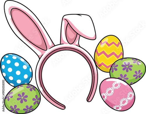 Festive pink bunny ear headband sits among an assortment of brightly colored and uniquely patterned easter eggs symbolizing springtime celebration and holiday fun