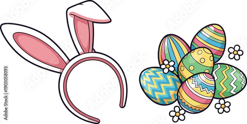 Adorable pink bunny ear headband sits beside a vibrant cluster of colorful illustrated easter eggs decorated with spring flowers for holiday celebrations.