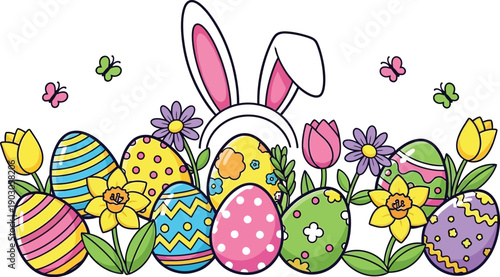 Colorful assortment of festive easter eggs nestled among blooming spring flowers with whimsical bunny ears headband peeking over the arrangement