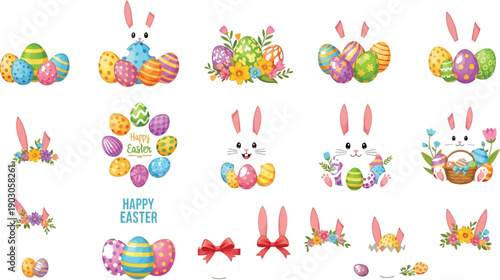 Collection of charming white easter bunny illustrations celebrating the holiday alongside colorful decorated eggs and festive accessories