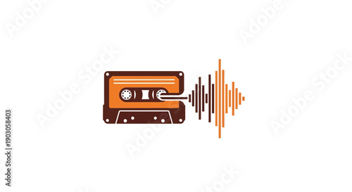 Retro audio cassette tape with sound wave illustration.