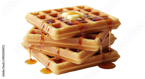 Schilderij op canvas Stack of golden waffles with butter and syrup isolated PNG, delicious breakfast
